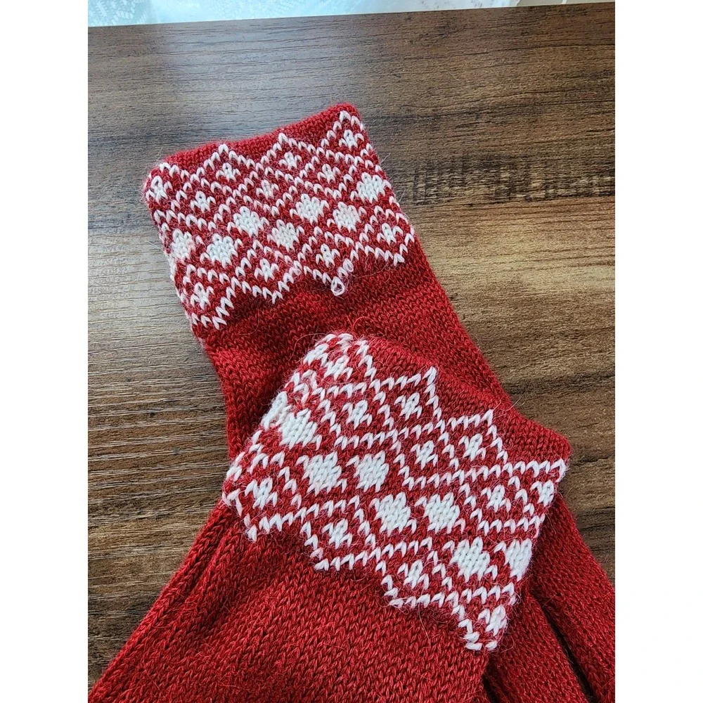 Alpaca Blend Knit Gloves Fair Isle Cuff Apres Ski Red Winter Cozy Cabin Chalet